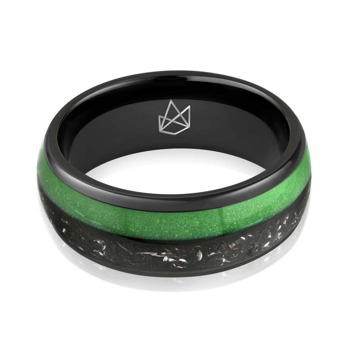 Black Tungsten Ring - Green Glow & Real Meteorite