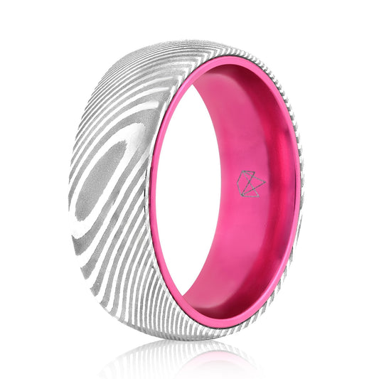 Wood Grain Damascus Steel Ring - Resilient Pink