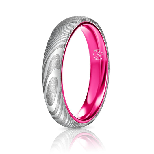 Wood Grain Damascus Steel Ring - Resilient Pink - 4MM