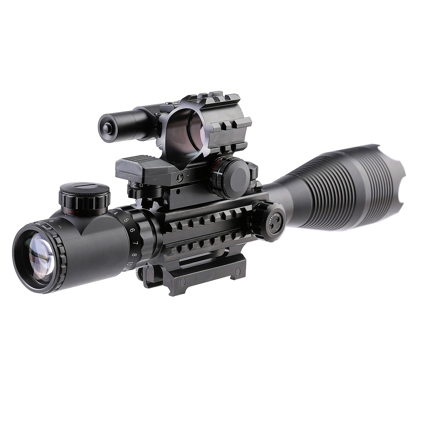 4-in-1 4-16x50 EG Riflescope Kit, Dot Laser, Reflex Sight, Green Laser, Offset Rail Mount