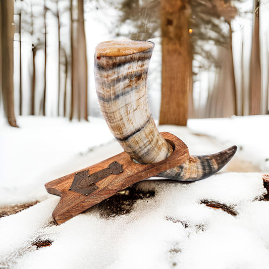 Curved Drinking Horn with Wooden Stand