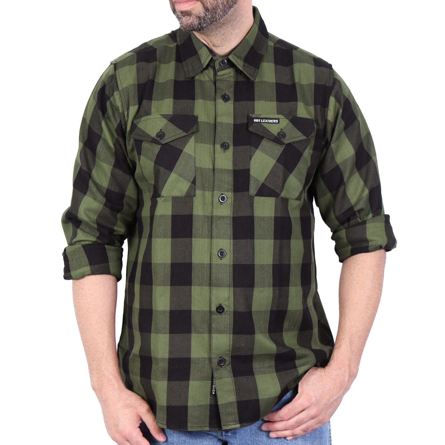 Hot Leathers Long Sleeve OD Green and Black Flannel