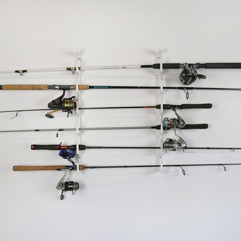 TRAPSKI Fishing Rod/Pole Holder Rack Organizers | Wall or Ceiling Mounted Fishing Rod Rack | Durable Marine Grade HDPE Plastic | Fishing Pole Holder Holds up to 6 or 12 + Stackable Storage