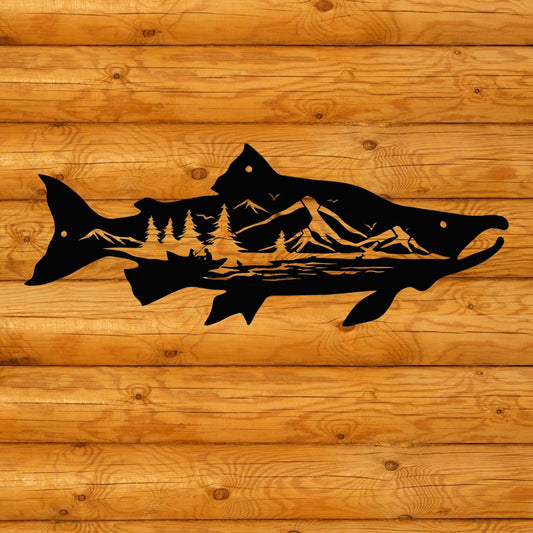 Salmon Fish Wall Art with Beautiful Mountain Fishing Boat Scene