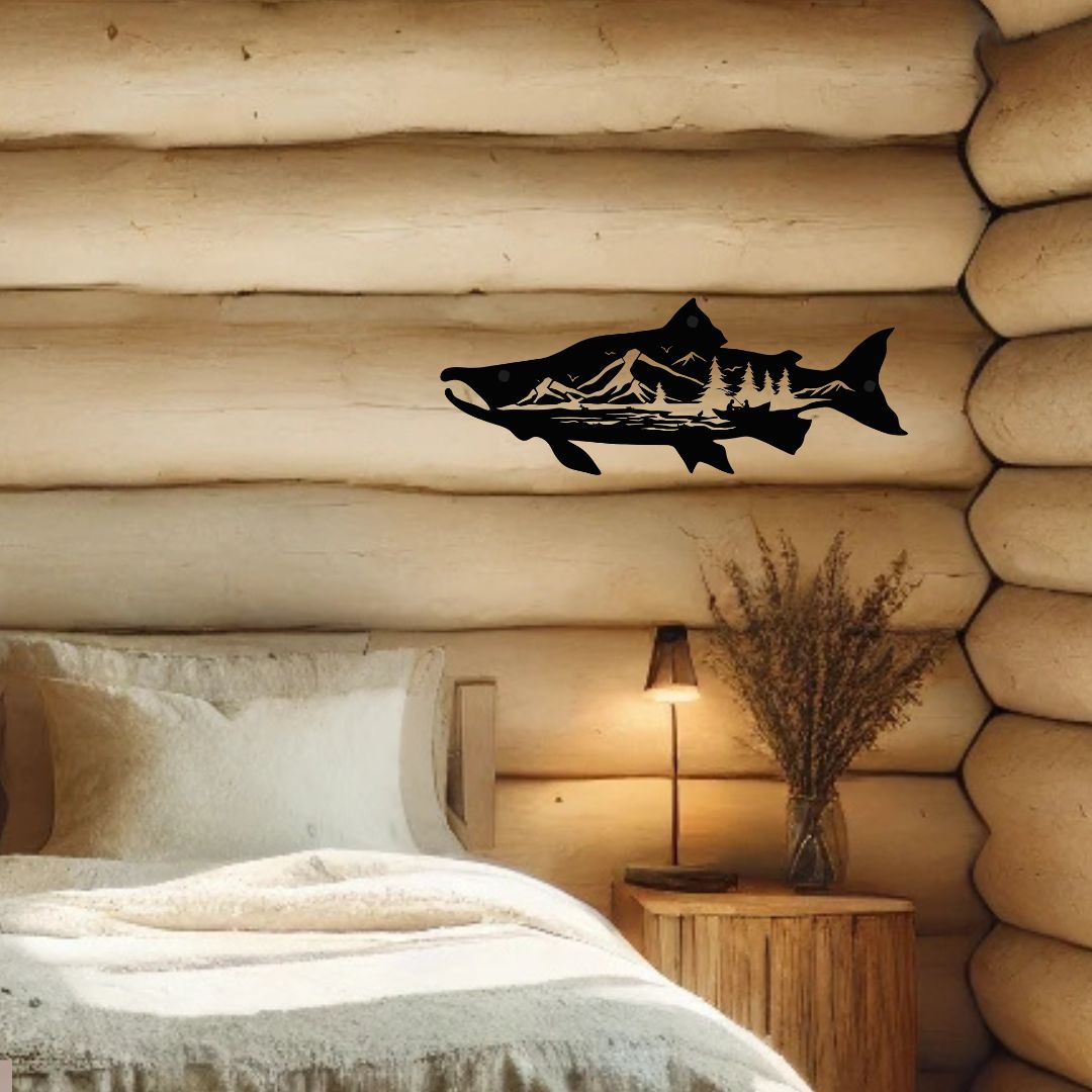 Salmon Fish Wall Art with Beautiful Mountain Fishing Boat Scene