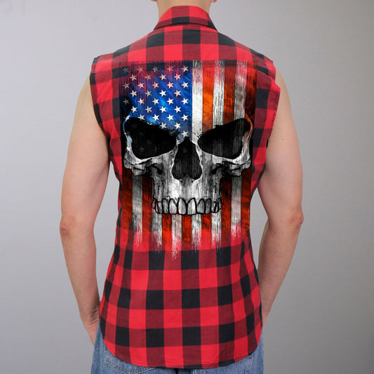 Hot Leathers GMS3491 Men’s Black and Red Patriot Skull Sleeveless Flannel Shirt