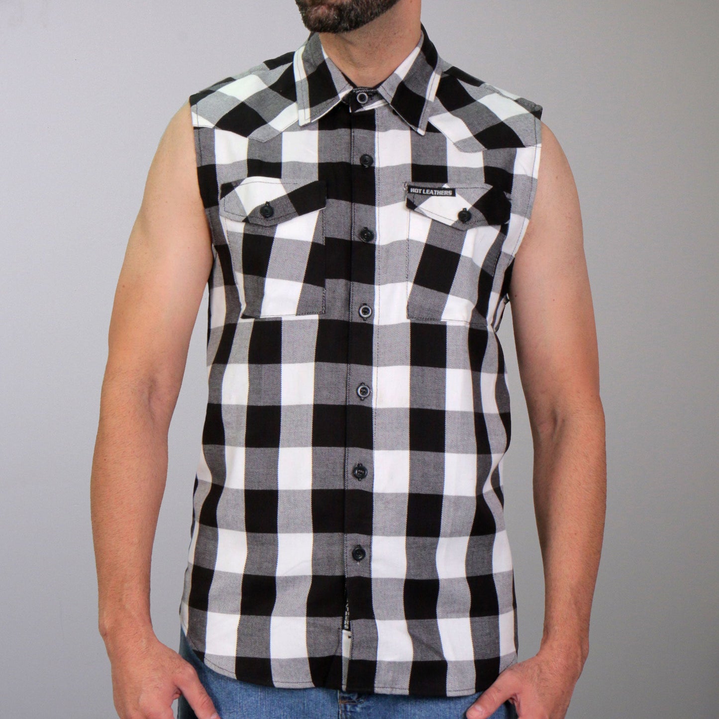 Hot Leathers GMS3490 Men’s Black and White Skull Sleeveless Flannel Shirt