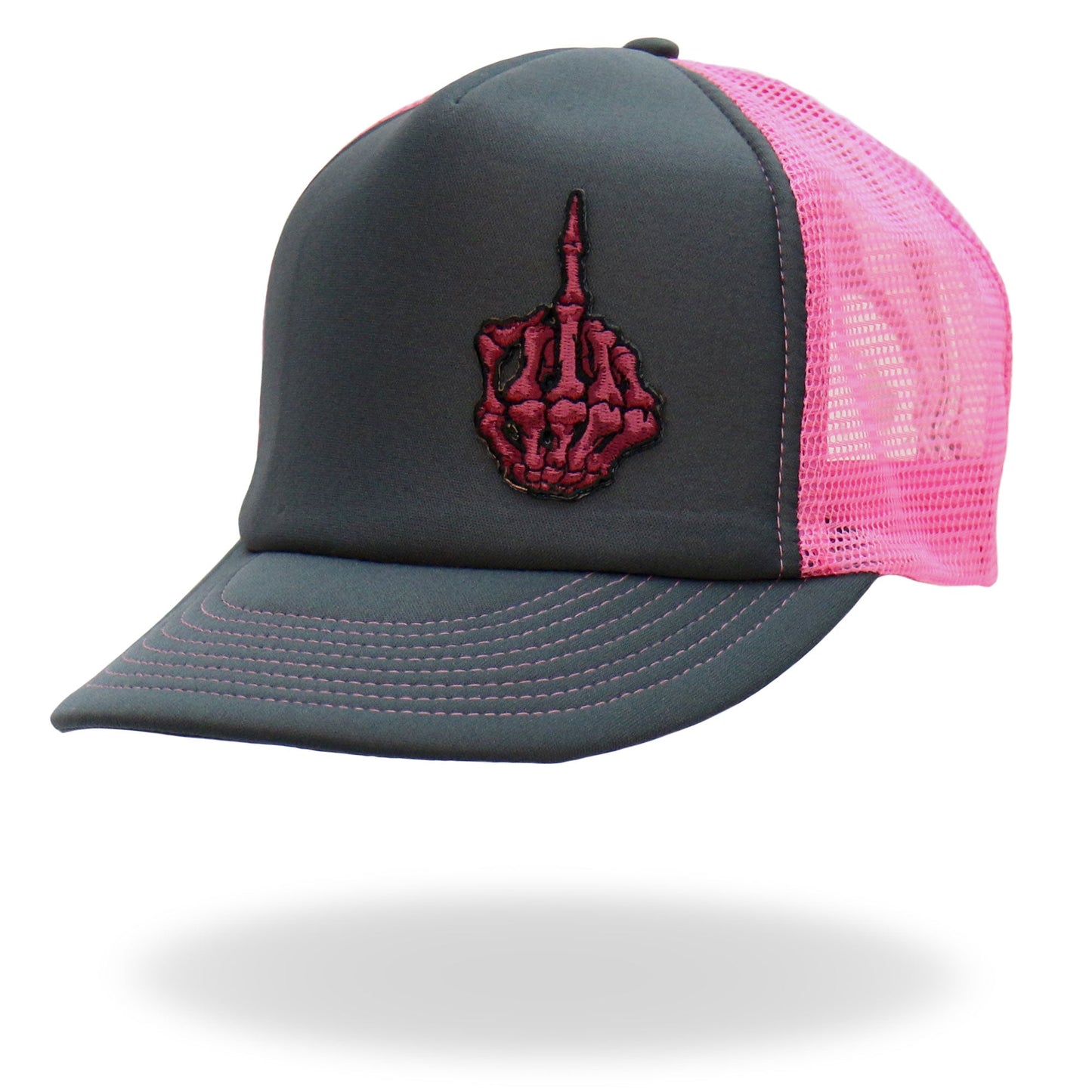 Hot Leathers Pink And Black Trucker Hat Skeleton Hand GSH1053