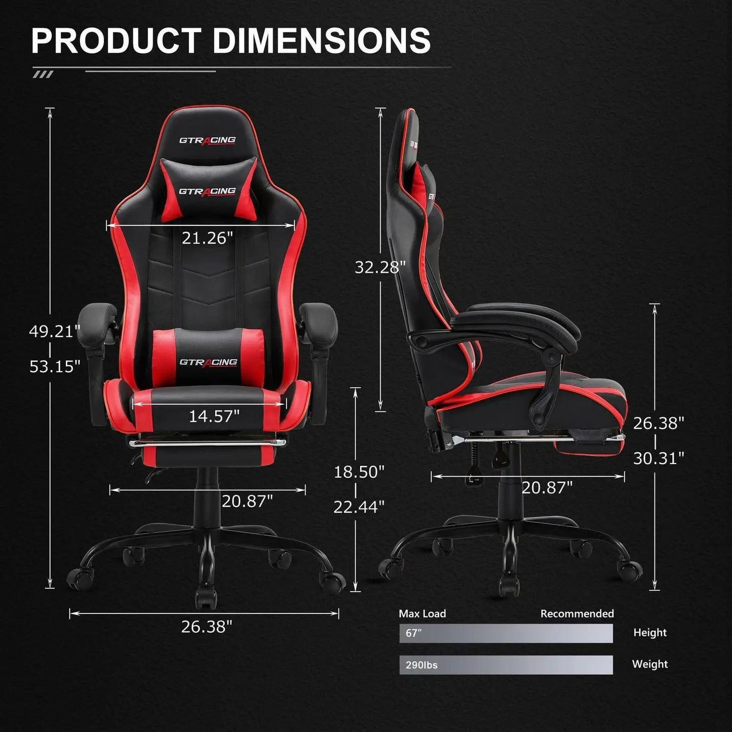 GTRACING GTWD-200 Gaming Chair with Footrest, Adjustable Height, and Reclining, Red