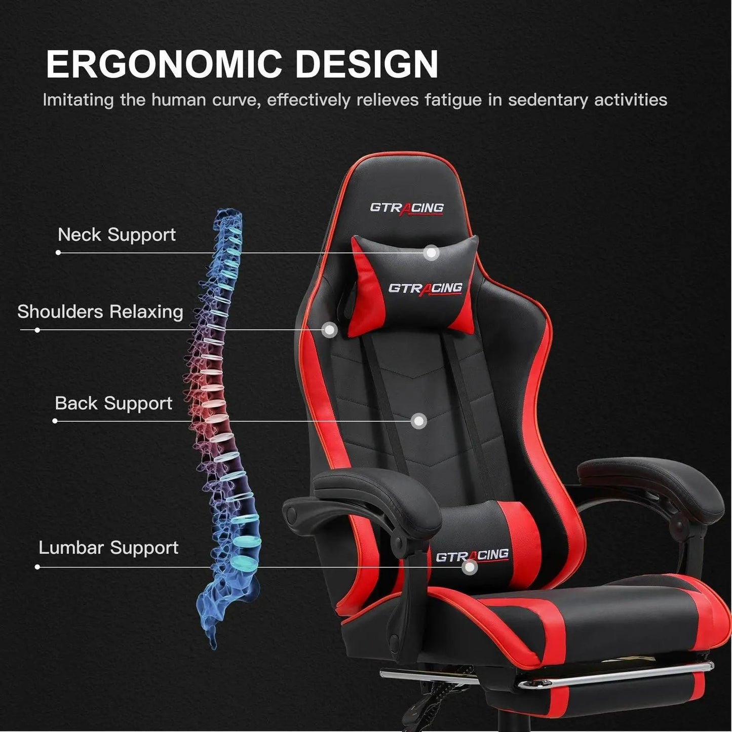 GTRACING GTWD-200 Gaming Chair with Footrest, Adjustable Height, and Reclining, Red