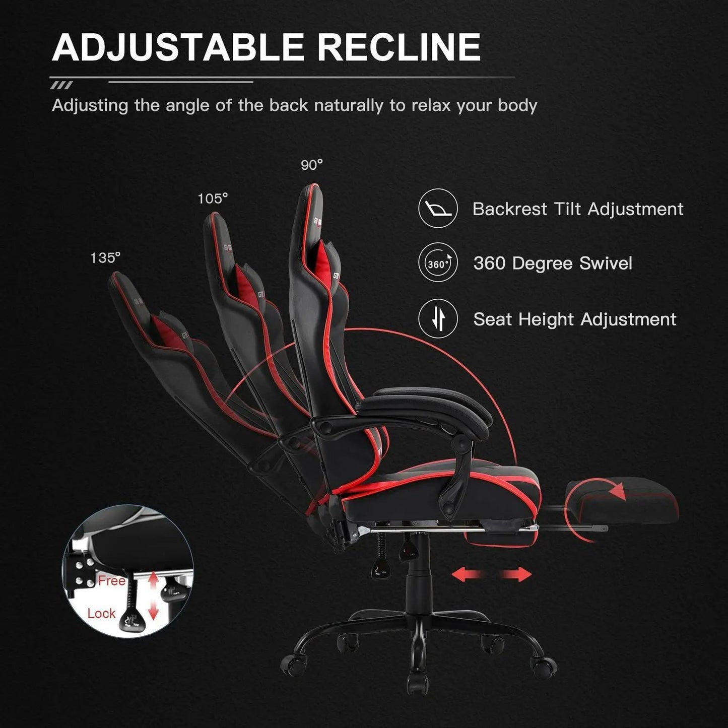 GTRACING GTWD-200 Gaming Chair with Footrest, Adjustable Height, and Reclining, Red