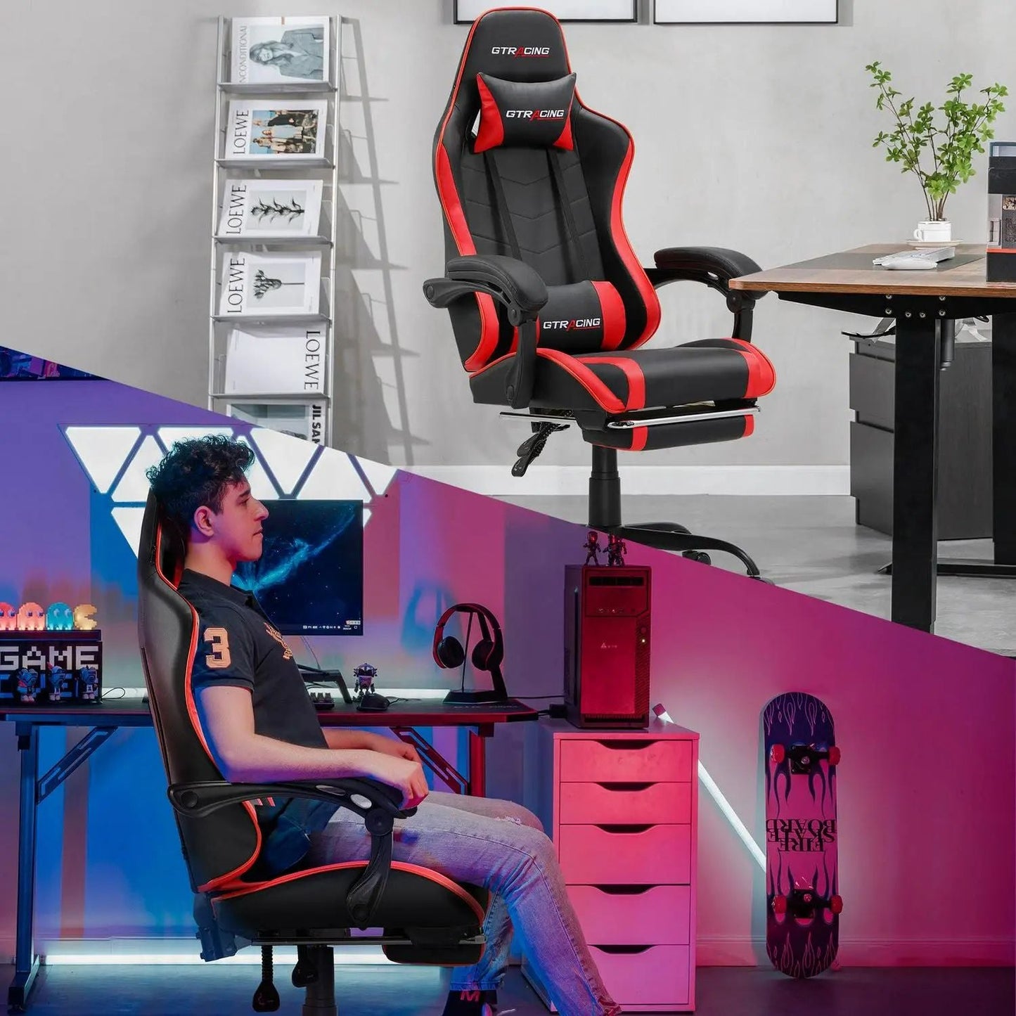 GTRACING GTWD-200 Gaming Chair with Footrest, Adjustable Height, and Reclining, Red