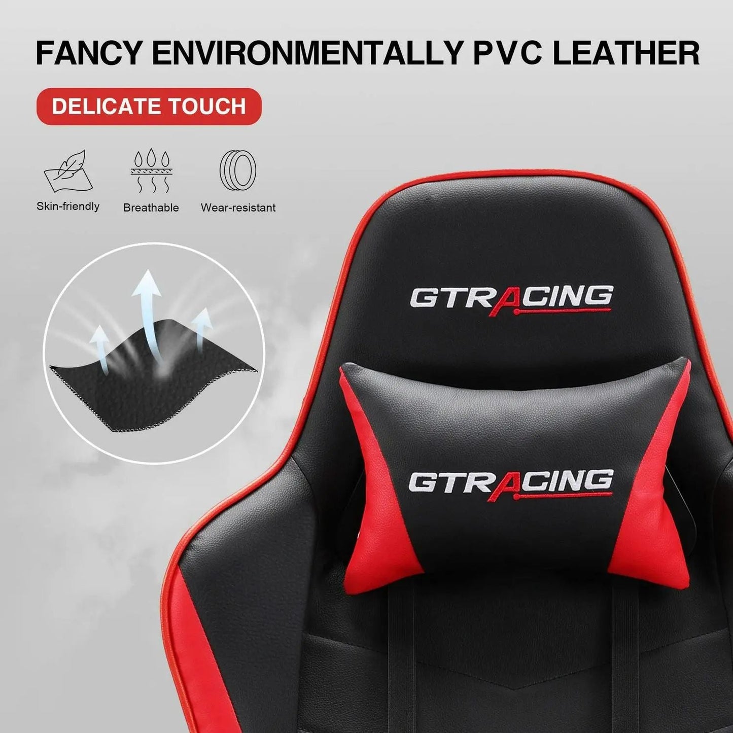 GTRACING GTWD-200 Gaming Chair with Footrest, Adjustable Height, and Reclining, Red