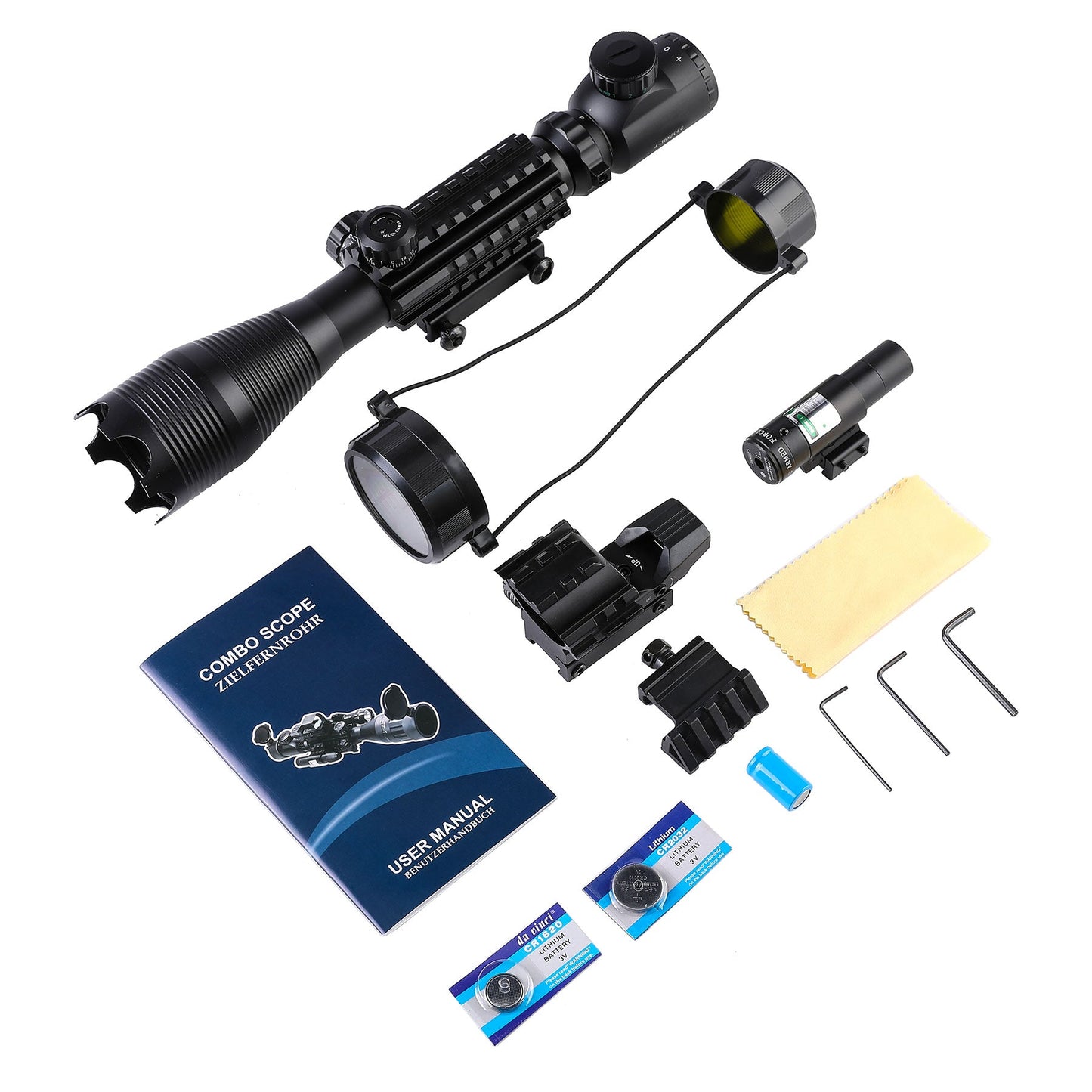 4-in-1 4-16x50 EG Riflescope Kit, Dot Laser, Reflex Sight, Green Laser, Offset Rail Mount