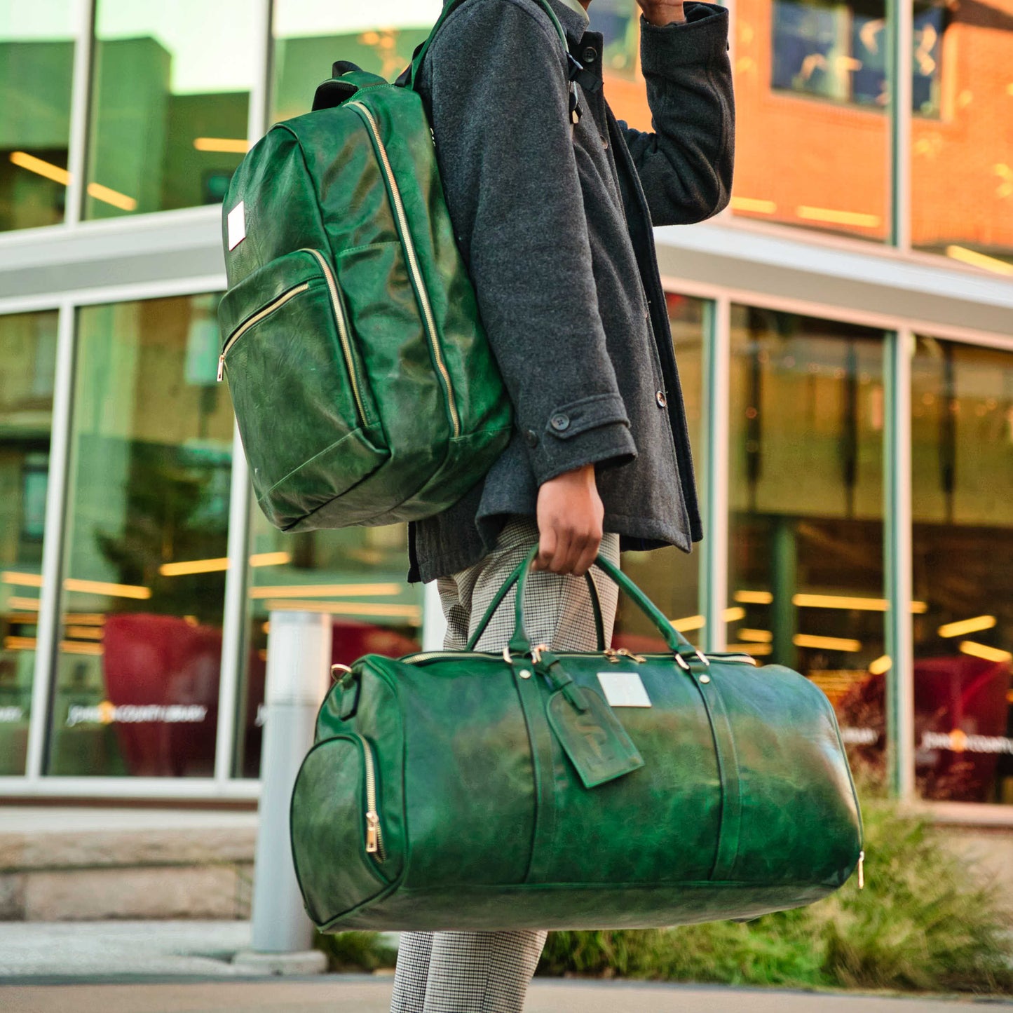 Emerald Green Tumbled Leather 2 Bag Set (Commuter Backpack and Duffle)