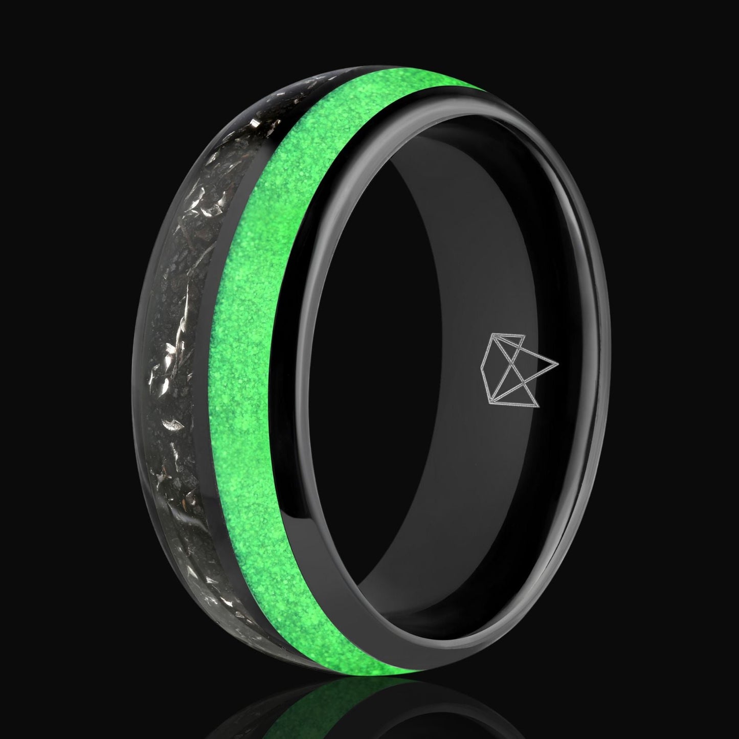 Black Tungsten Ring - Green Glow & Real Meteorite