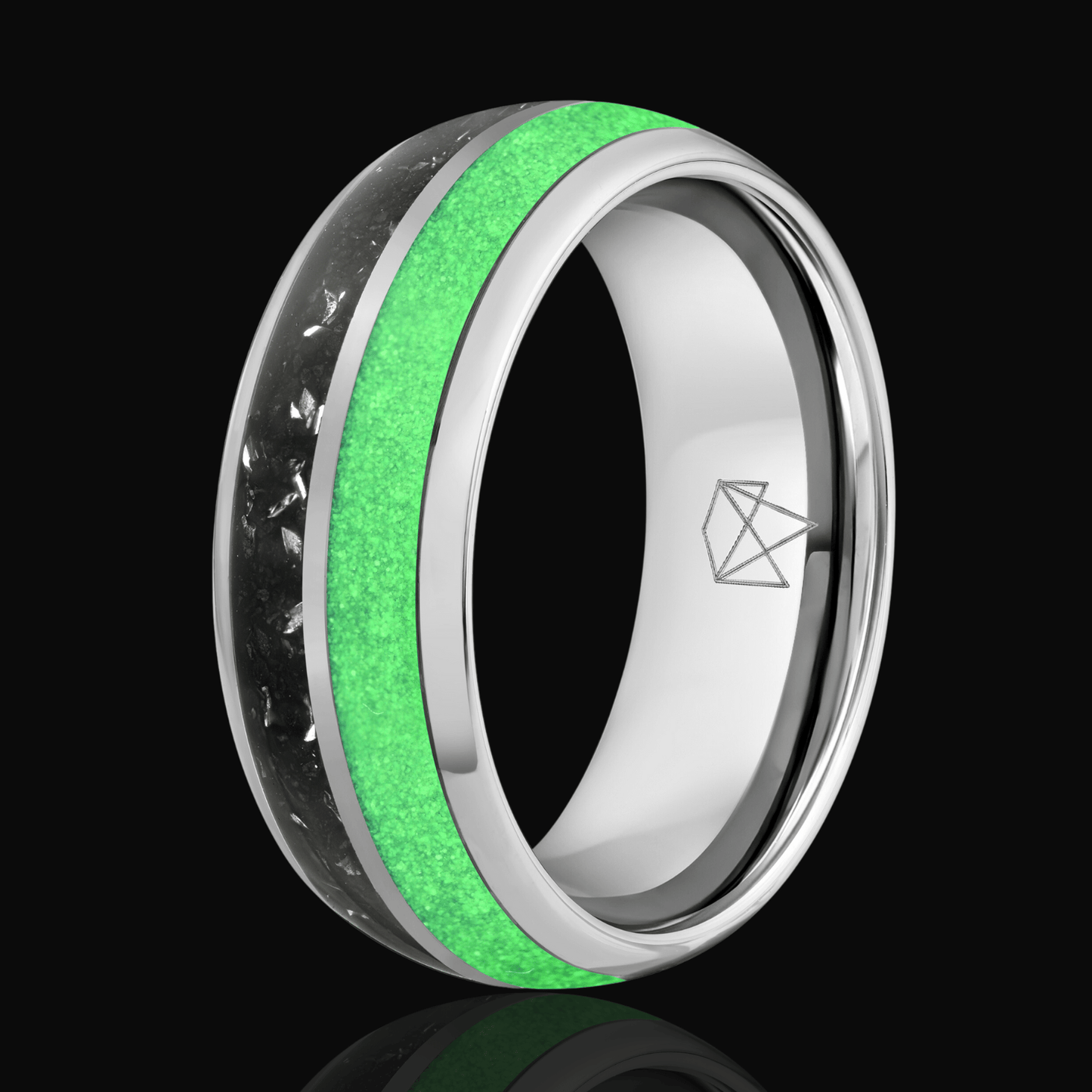 Silver Tungsten Ring - Green Glow & Real Meteorite