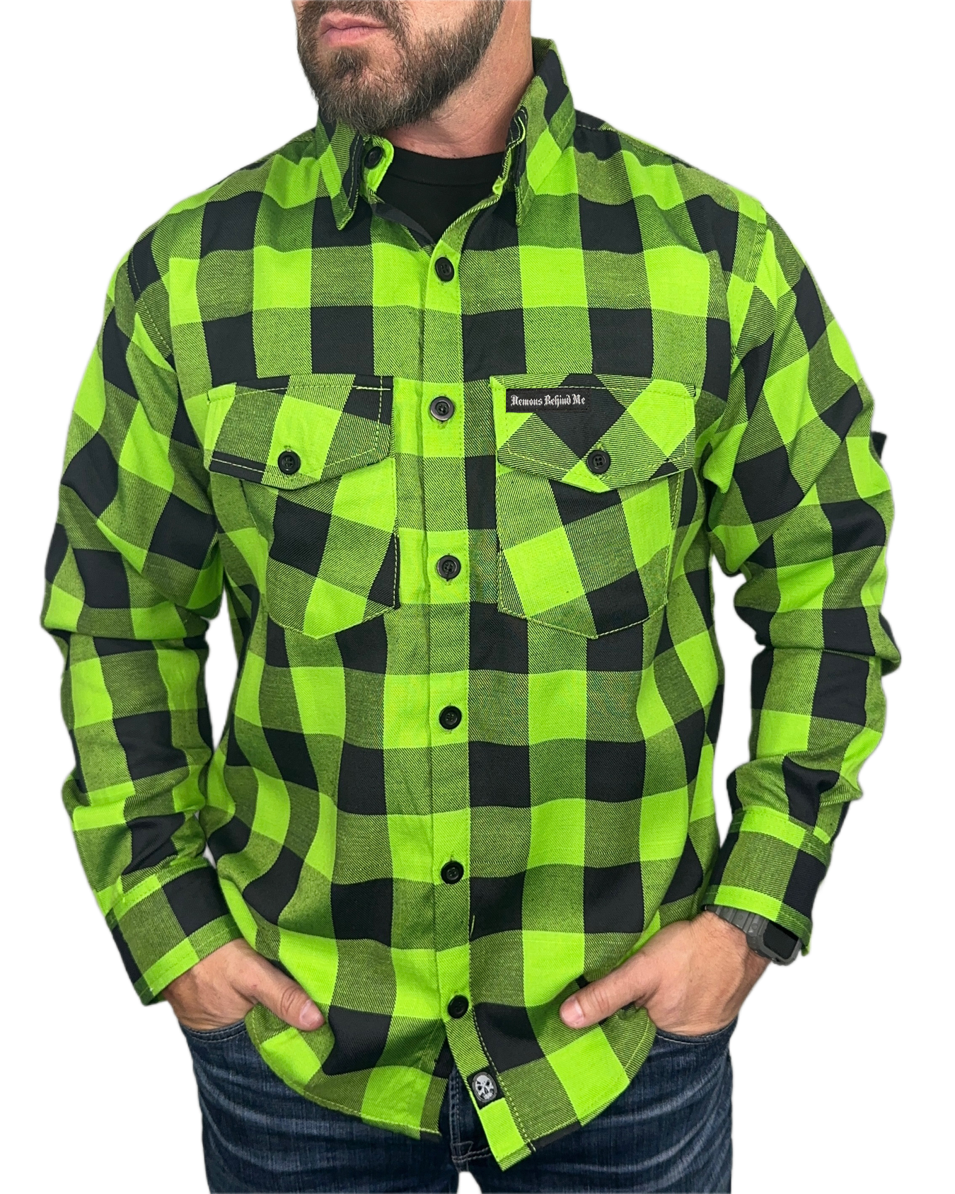 Green & Black Embroidered Flannel (Hidden Snap Collars)