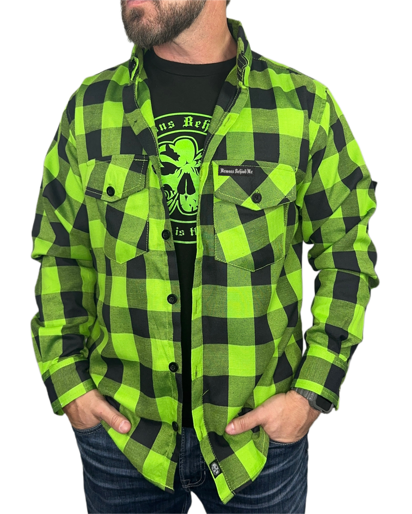 Green & Black Embroidered Flannel (Hidden Snap Collars)