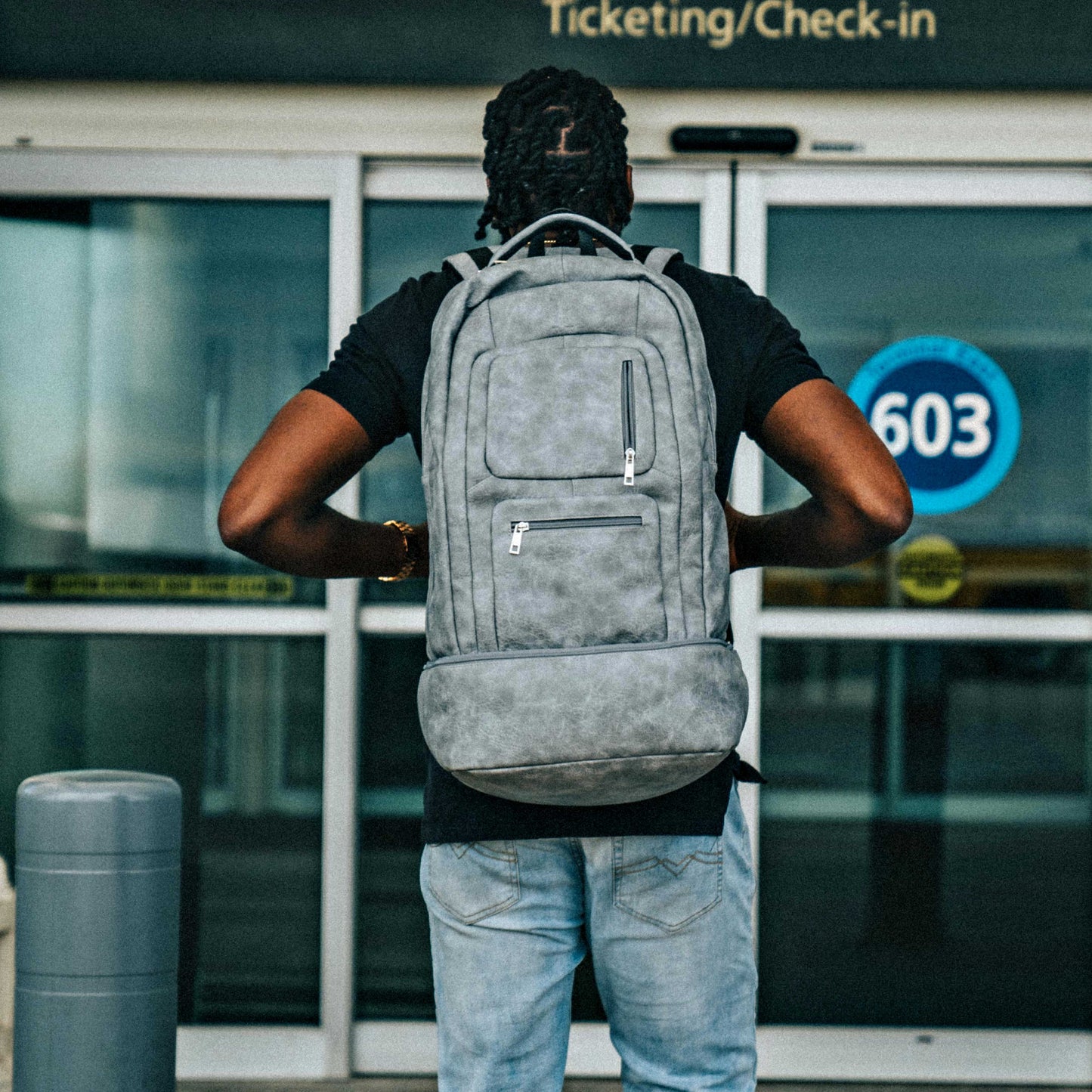 Grey Leather Luxury Carry-On Backpack (Patented Signature Design)