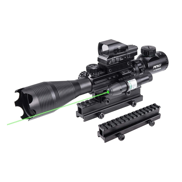 4-in-1 Rifle Scope Combo, 4-16*50mm Rangefinder Scope, Green Laser, Red & Green Dot Sight, 14 Slot Riser