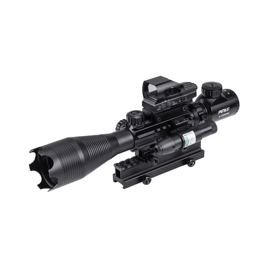 4-in-1 Rifle Scope Combo, 4-16*50mm Rangefinder Scope, Green Laser, Red & Green Dot Sight, 14 Slot Riser