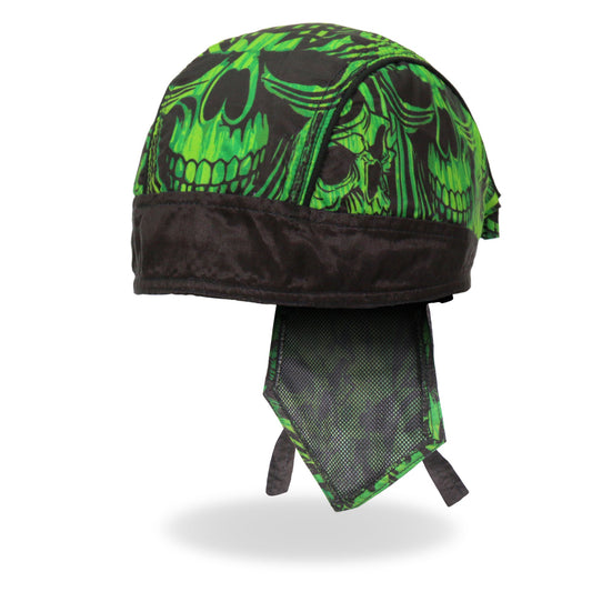 Hot Leathers Over the Top Skulls Green Lightweight Headwrap HWH1114