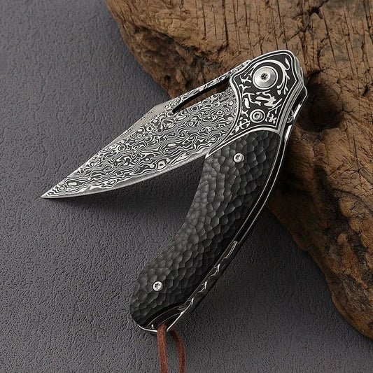 Thor Damascus Folding Knife with Exotic Ebony Wood Scales