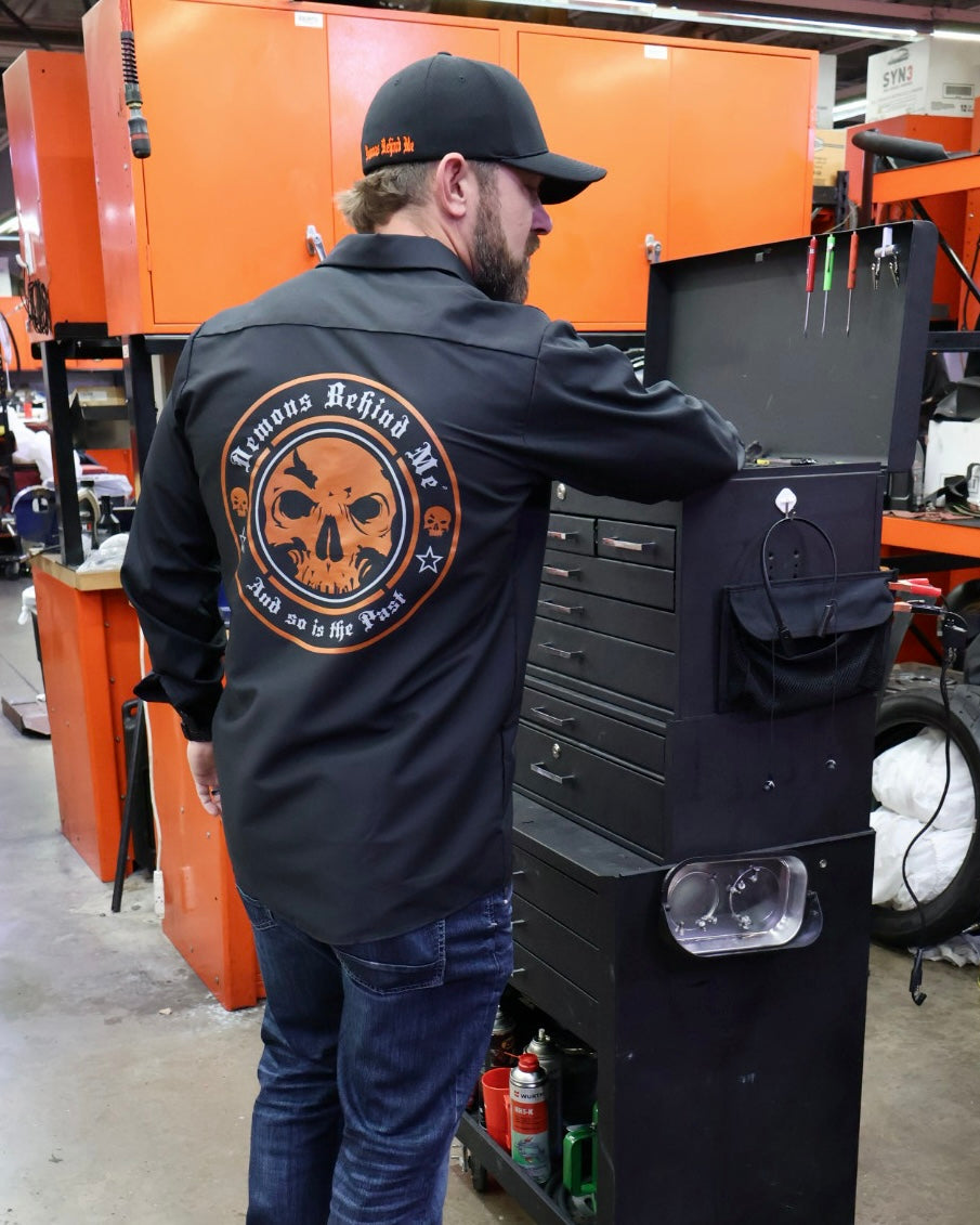 Men's Long Sleeve Black Embroidered Shop Shirt - Orange Logo