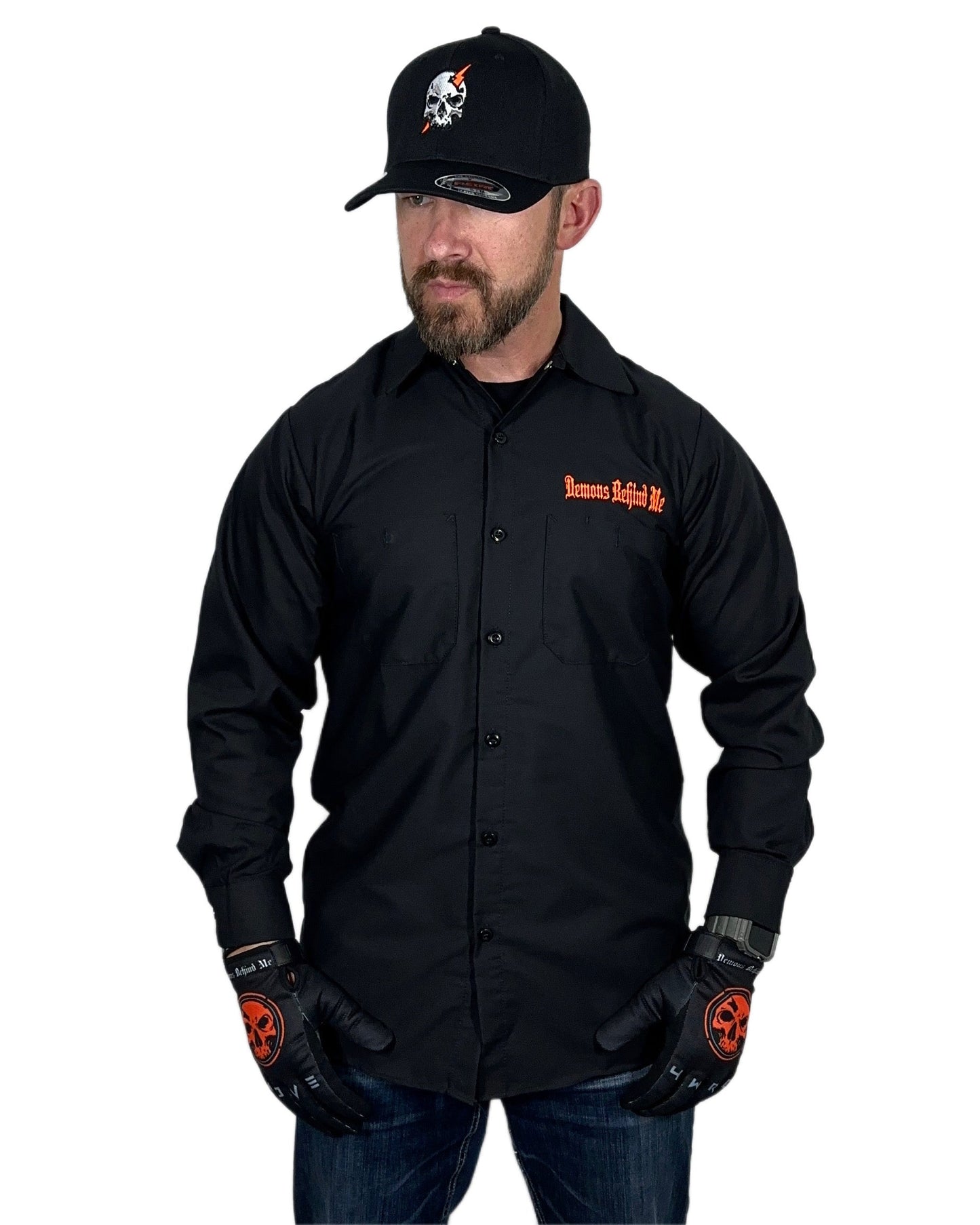 Men's Long Sleeve Black Embroidered Shop Shirt - Orange Logo