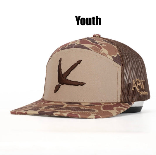 Youth 7 Panel Old School Camo 3 D Puff Turkey Tracks w Brown Mesh