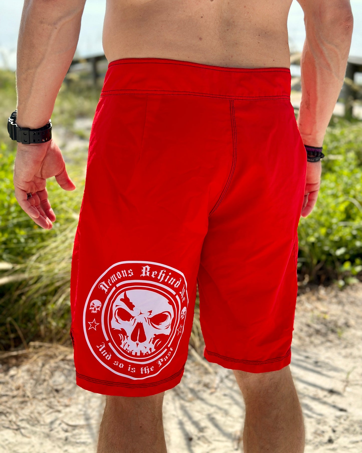 Premium Red Stretch Board Shorts - White Circle Logo