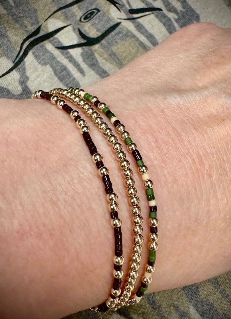 14K Gold Filled and Camo Color Seed Bead Stretch Bracelets