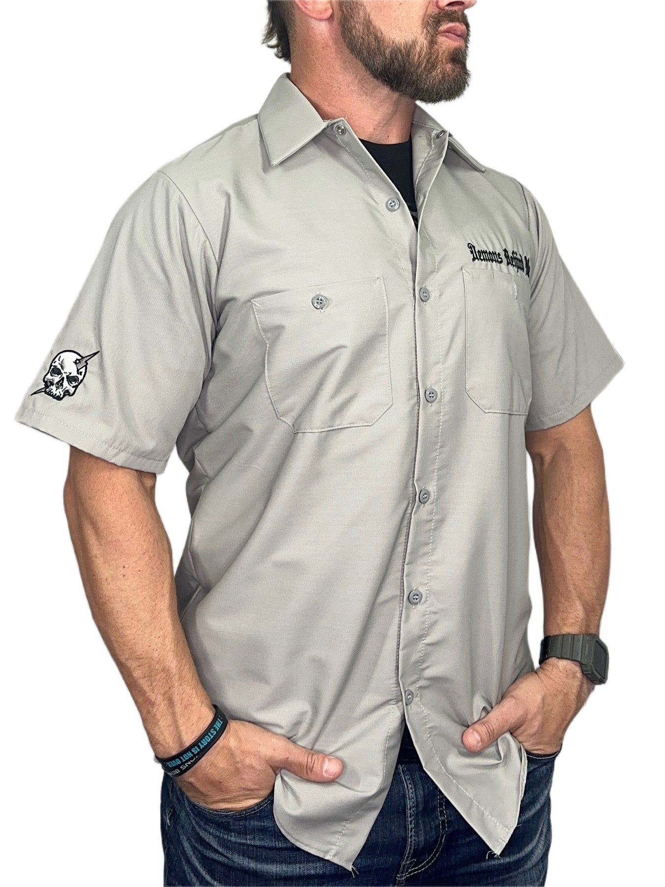 Embroidered Shop Shirt - Men's Warm Gray Electric Head