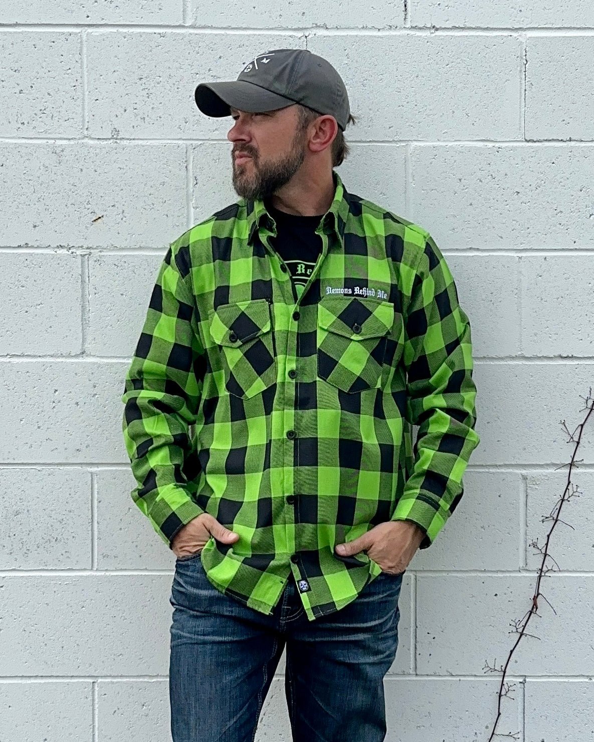 Green & Black Embroidered Flannel (Hidden Snap Collars)