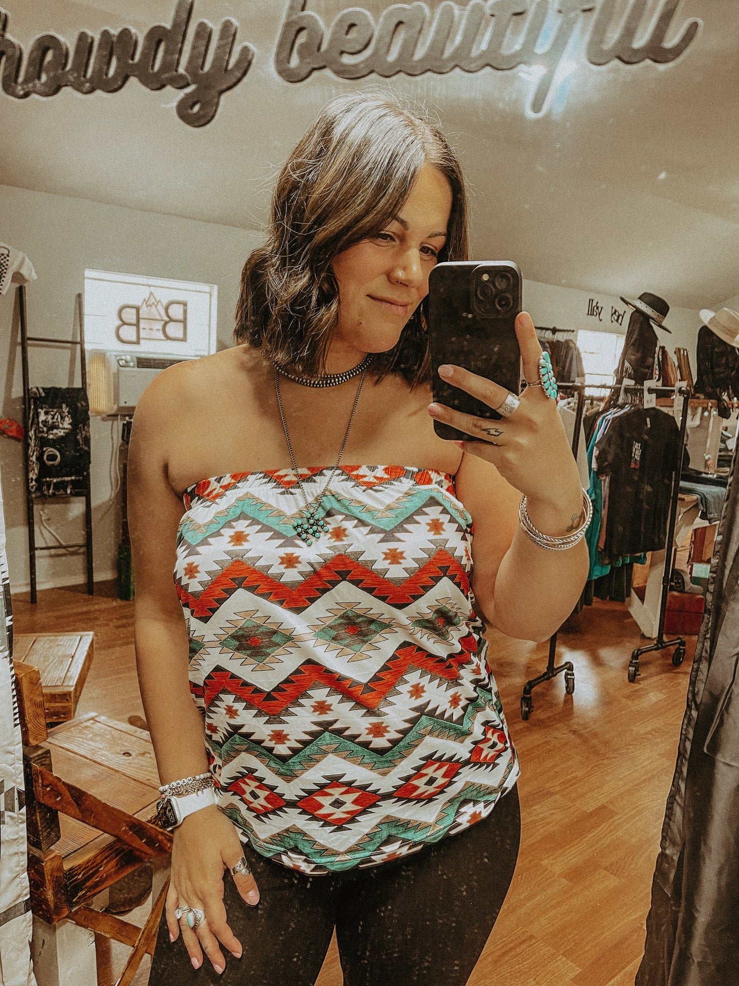 Orange and Turquoise Aztec Tube Top