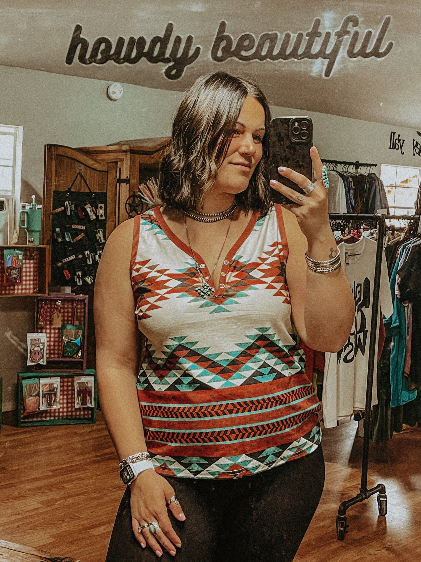 Orange and Turquoise Aztec Tank Top