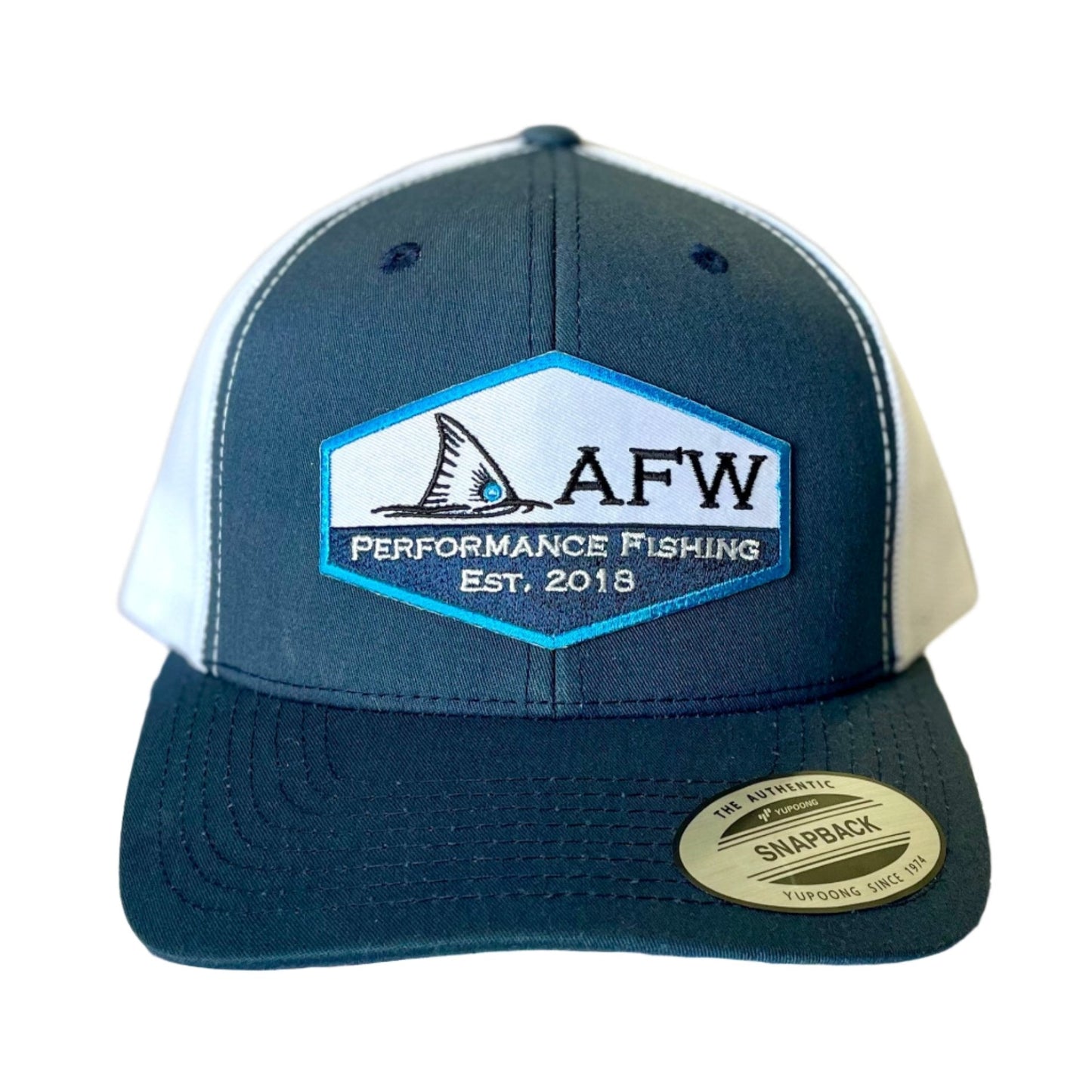 AFW Fishing Blue Trim Patch Hat - Navy/ White Snapback Trucker