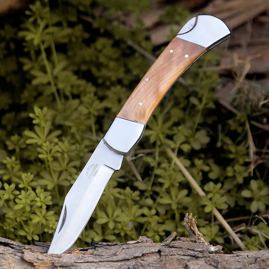 Pocket Knife with Exotic Olive Wood Handle & Sheath Personalized