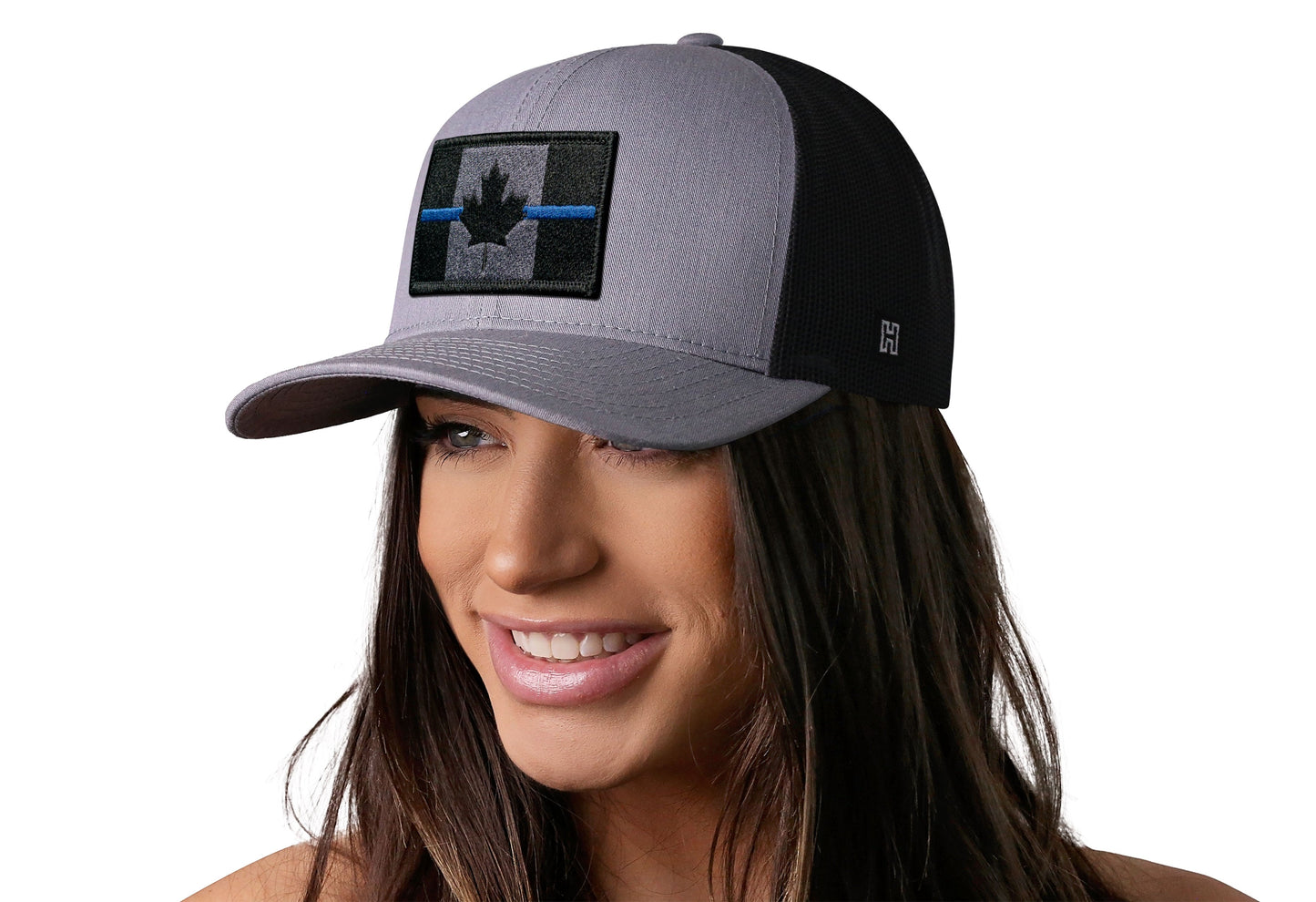 Thin Blue Canada Flag Trucker Hat  | Gray Black Canadian Snapback