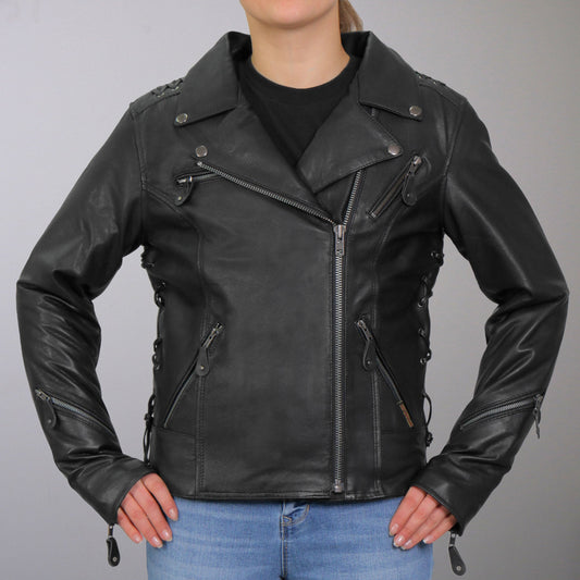 Hot Leathers JKL1027 Ladies Black Lace Detail Carry Conceal Leather Motorcycle Biker Jacket