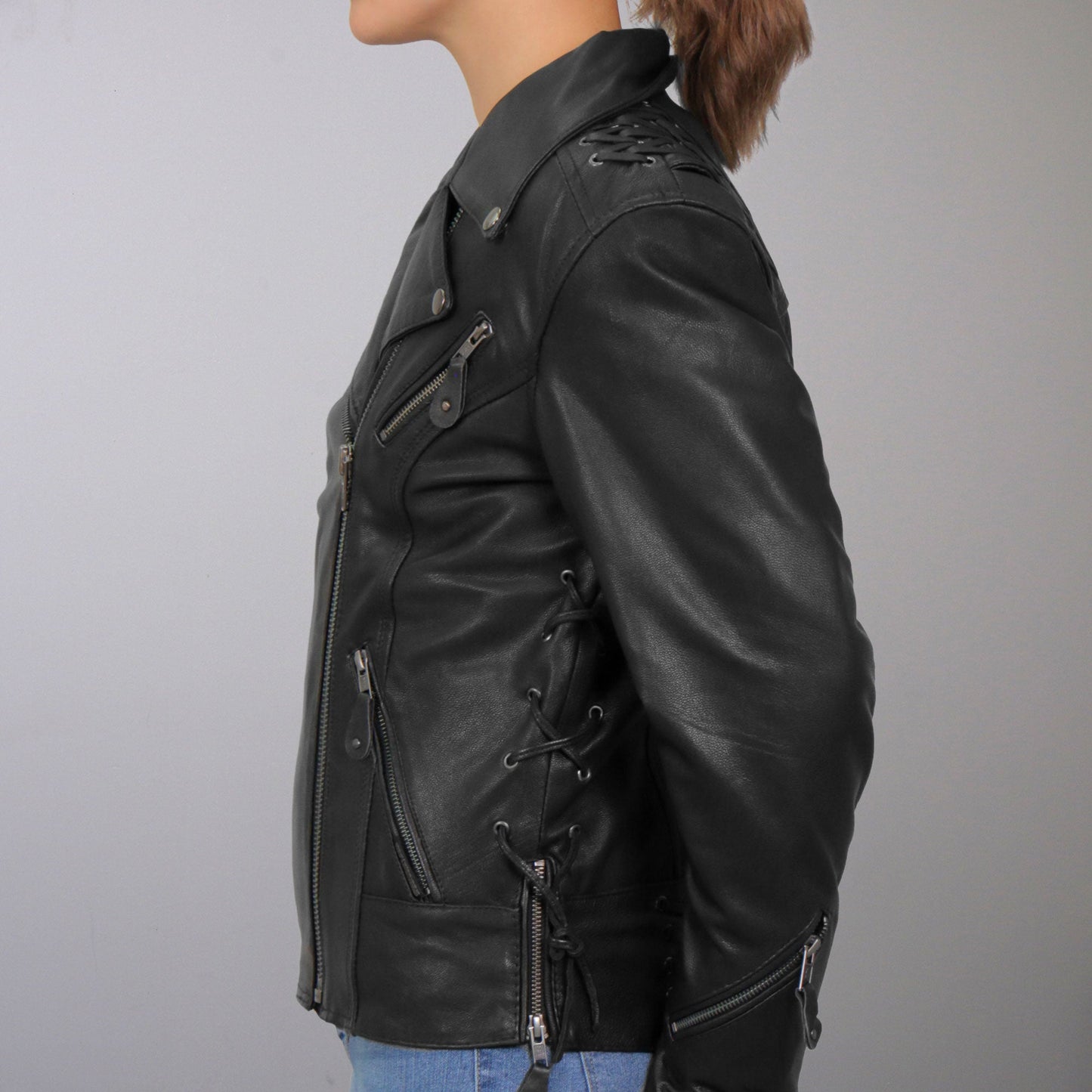 Hot Leathers JKL1027 Ladies Black Lace Detail Carry Conceal Leather Motorcycle Biker Jacket