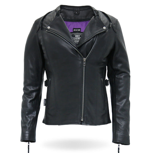 Hot Leathers JKL1032 Ladies Motorcycle Black Leather Biker Jacket with Vented Side Snaps