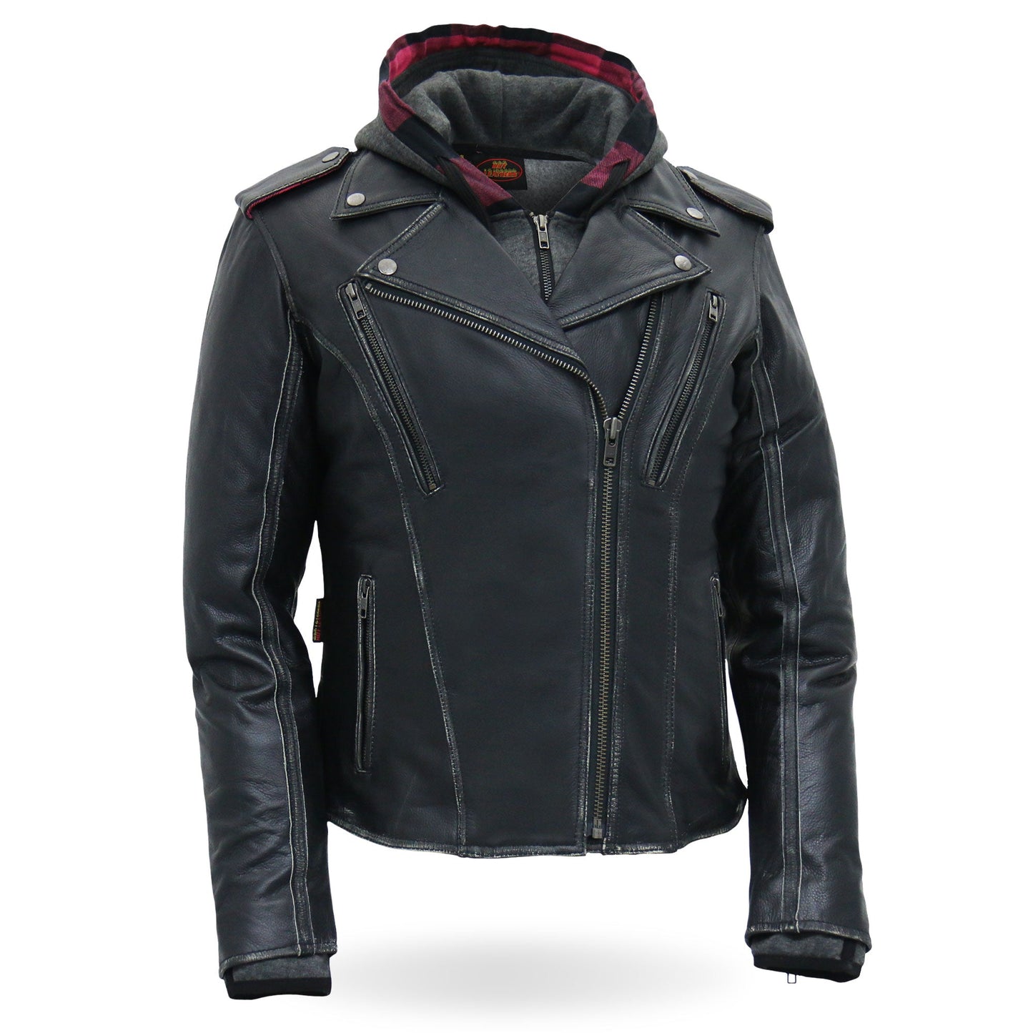 Hot Leathers JKL1033 Ladies Biker Black Leather Motorcycle Jacket with Removable Hoodie