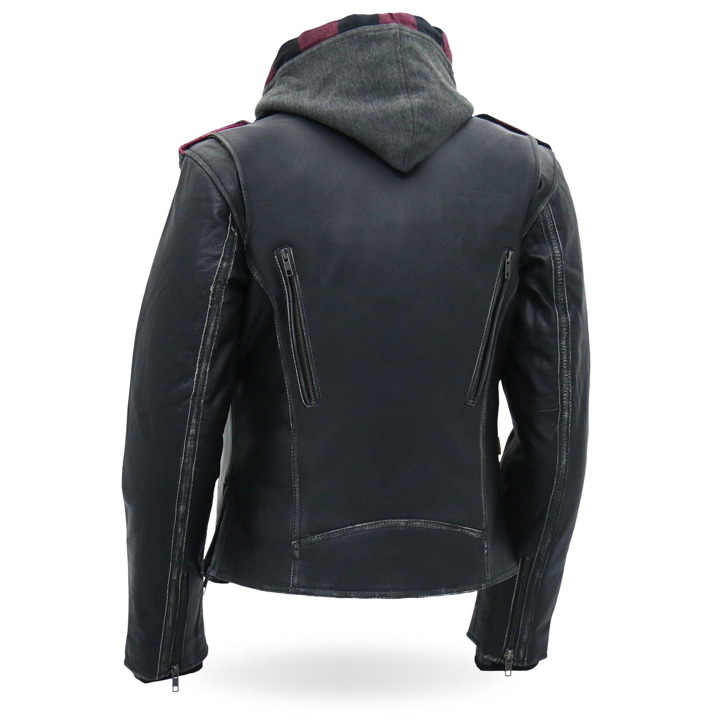 Hot Leathers JKL1033 Ladies Biker Black Leather Motorcycle Jacket with Removable Hoodie