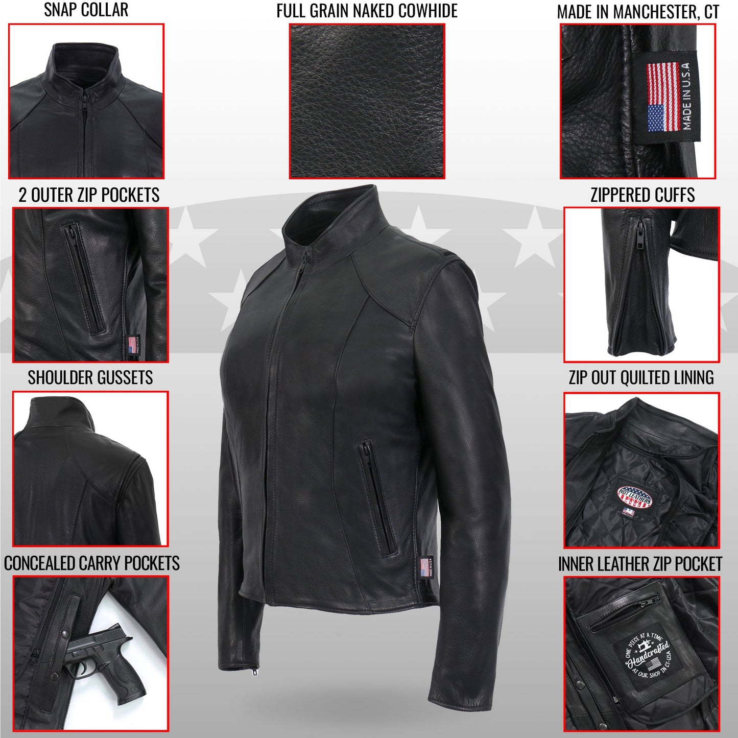 Hot Leathers JKL5003 USA Made Ladies Clean Cut Leather Motorcycle Biker Jacket