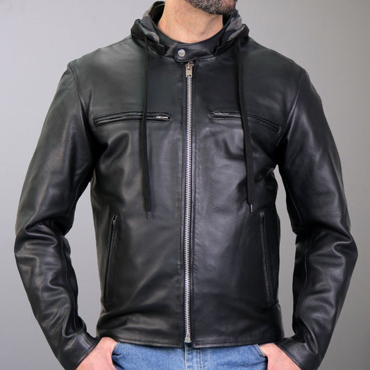 Hot Leathers JKM1030 Men’s Black Motorcycle ‘Carry and Conceal’ Leather Biker Jacket with Flannel Lined Hood