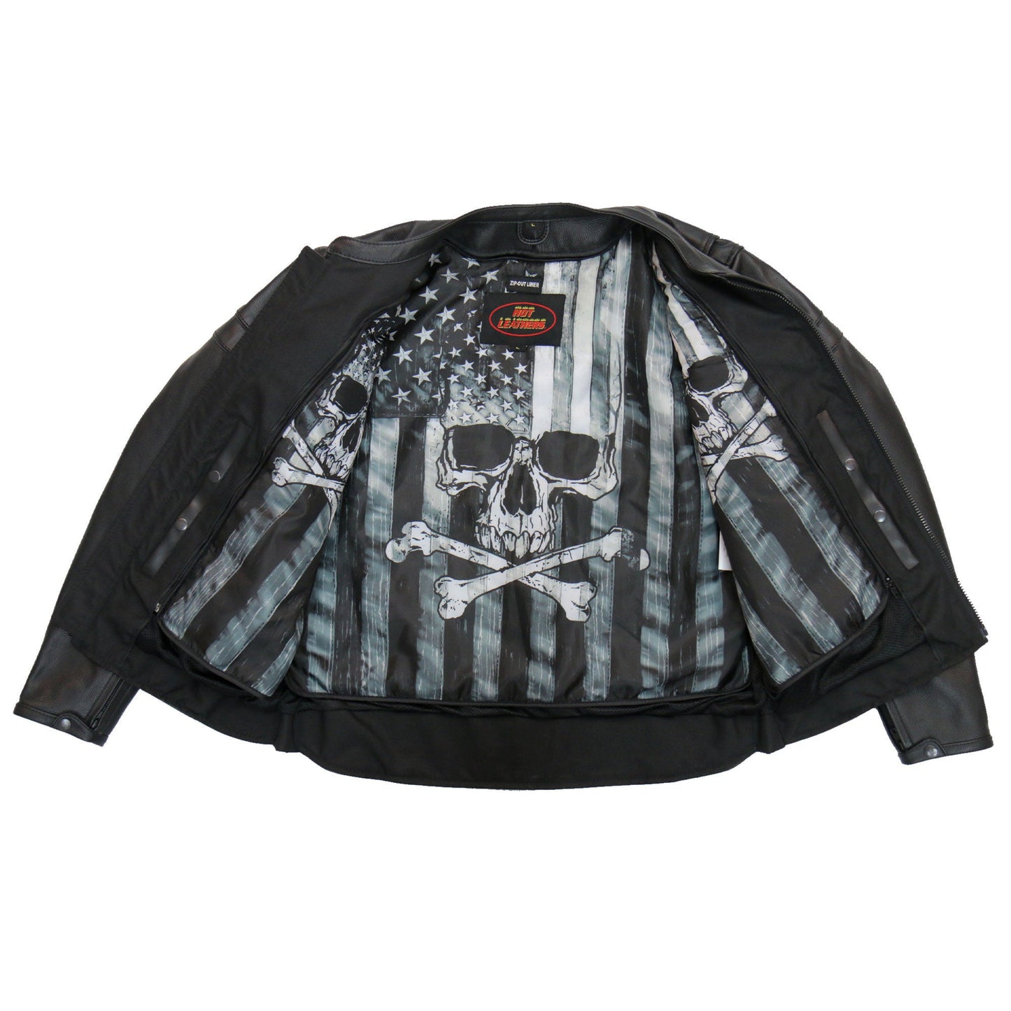 Hot Leathers JKM1032 Men’s Motorcycle Black ‘Skull Flag' Printed Leather Biker Jacket with Concealed Carry Pockets