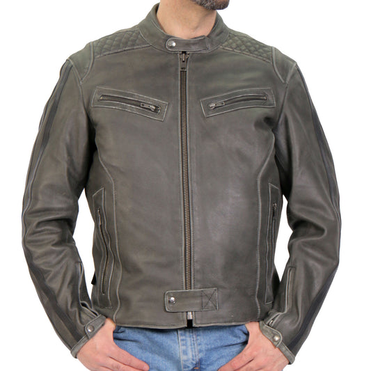 Hot Leathers JKM1033 Men’s Distress Grey ‘Café Racer' Biker Leather Motorcycle Jacket with Concealed Carry Pockets