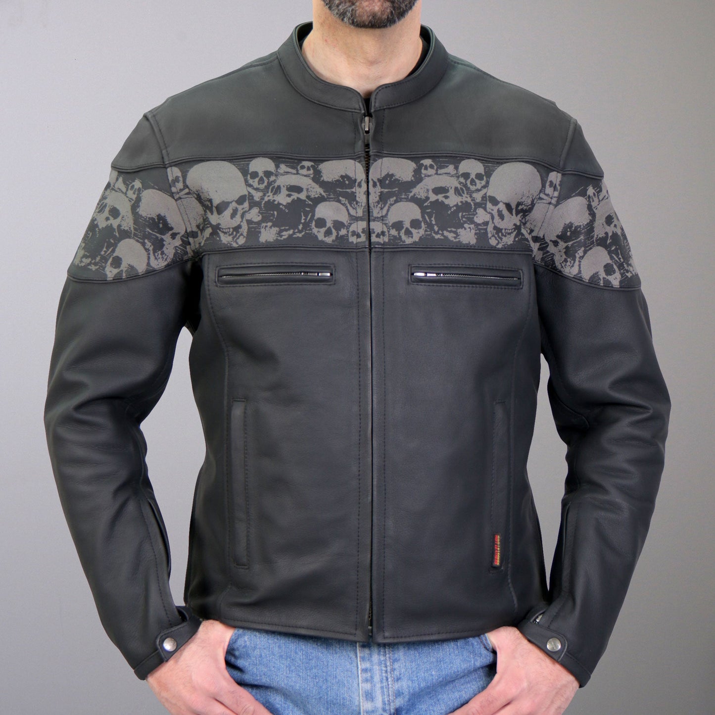 Hot Leathers JKM2002 Men’s Black Biker ‘Reflective Skull' Printed Leather Motorcycle Jacket with Concealed Carry Pockets